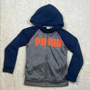 Puma Gray Blue Full Zip Hoodie Sweatshirt Orange Logo Athletic Jacket Size L